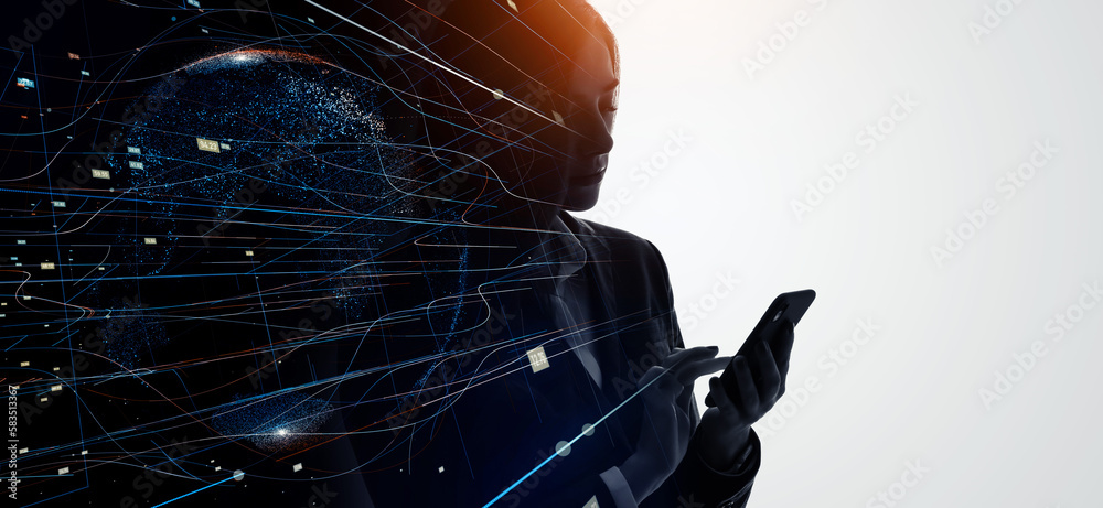 Poster profile of woman and mobile communication network concept. artificial intelligence. wide angle visua