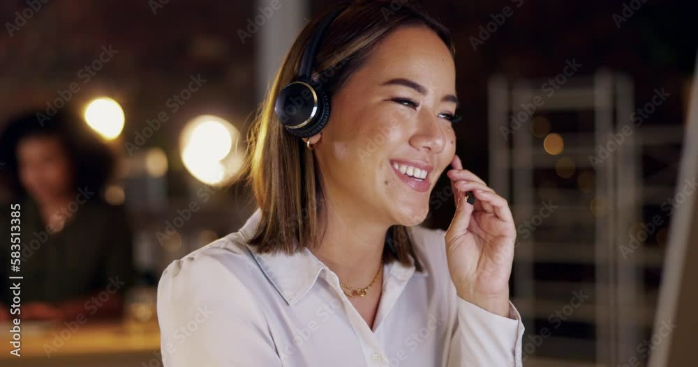 Aufkleber call center, woman in office at night and advice at customer service agency for support and networki