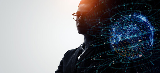 Profile of woman and data network concept. Artificial intelligence. Wide angle visual for banners...