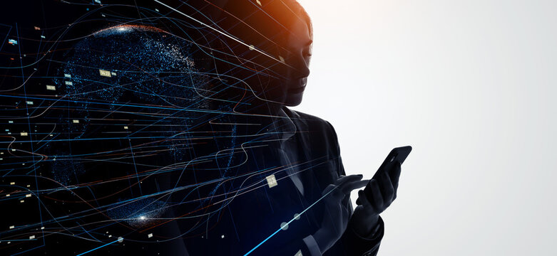 Profile of woman and mobile communication network concept. Artificial intelligence. Wide angle visual for banners or advertisements.