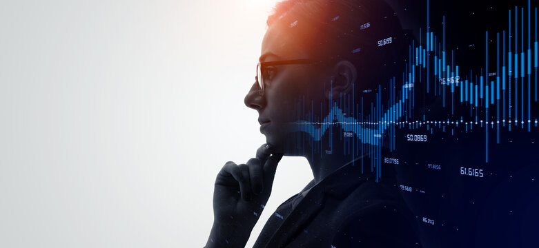 Profile of woman and financial technology concept. Artificial intelligence. Wide angle visual for banners or advertisements.