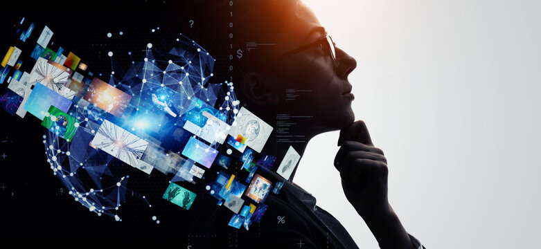 Profile of woman and visual network concept. Artificial intelligence. Wide angle visual for banners or advertisements.