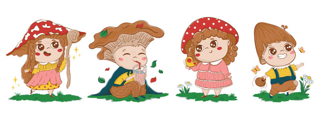 Collection of funny fairy tale characters of children with mushroom hats in cartoon doodle style. Clipart for decoration of children's goods, stationery, nursery