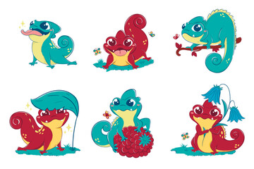 Fototapeta na wymiar Clipart collection with cute lizards in different poses with greens and fruits, butterflies around. Brightly colored vector children's drawing