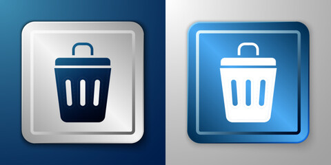 White Trash can icon isolated on blue and grey background. Garbage bin sign. Recycle basket icon. Office trash icon. Silver and blue square button. Vector