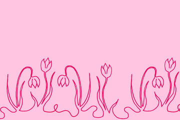 Tender pink background with line art snowdrops with copy space.