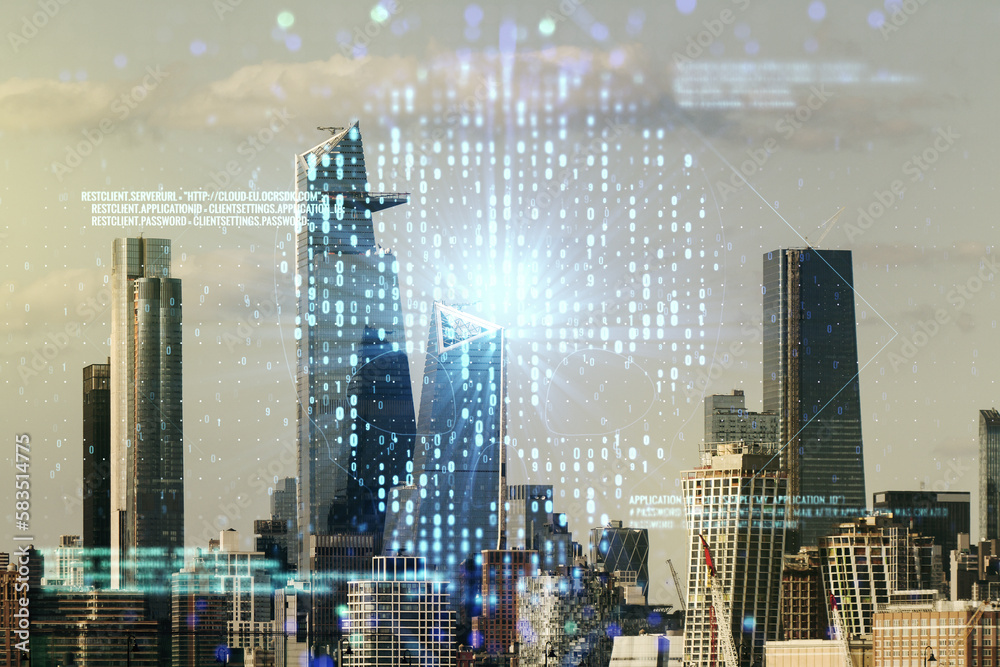 Poster double exposure of abstract virtual creative code skull hologram on new york city skyscrapers backgr