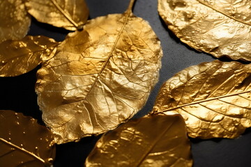 metallic golden leaves on black surface, made with generative ai 