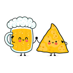 Cute, funny happy glass of beer and nachos. Vector hand drawn cartoon kawaii characters, illustration icon. Funny cartoon glass of beer and nachos mascot friends concept