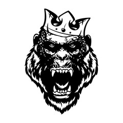 Silhouette of a Monkey's head with a crown. A wild primate with bloody fangs. Black and white. Vector illustration on a white background.