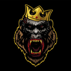 Silhouette of a Monkey's head with a crown. A wild primate with bloody fangs. Vector illustration on a black background.