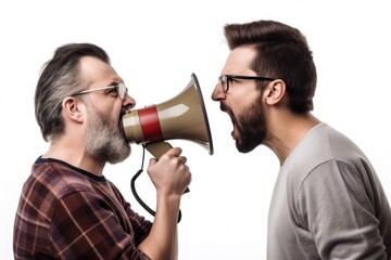 Man shouting in a megaphone into another man white background Generative AI Illustration