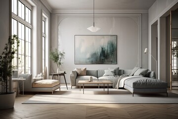 Large, luxurious, modern, and light interiors as an example Mockup image created by a computer of a living area with frames. Generative AI