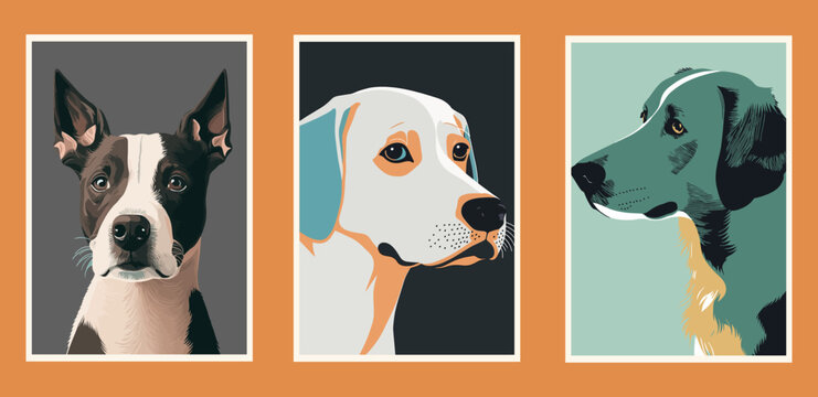 A set of vector illustrations of portraits of dogs on a colored background.