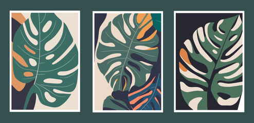 Set of trendy vector posters with monstera leaves in flat design. © Vibrands Studio