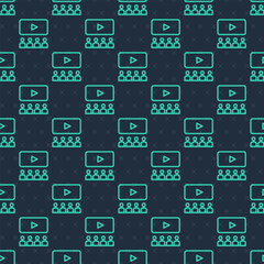 Green line Cinema auditorium with screen icon isolated seamless pattern on blue background. Vector