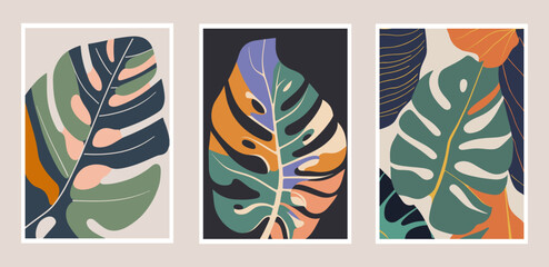 Fototapeta na wymiar Set of trendy minimal posters with monstera leaves. Vector illustration.