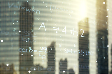 Scientific formula hologram on blurry cityscape background, research concept. Multiexposure