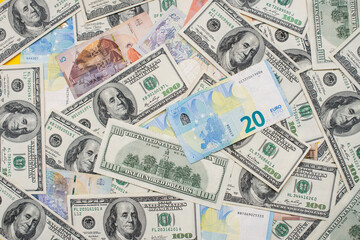 Banknotes of different countries . Dollars, euros, pounds. Money from all countries and continents.