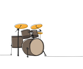 Fototapeta na wymiar Drum kit one line color art. Continuous line drawing of play, drum, drumstick, kit, stick, music, performer, song, vintage, rock, instrument, band, percussion, sound, bass, musician.