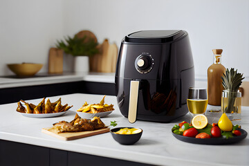 Modern electric air fryer with fruits and vegetables on the table in the kitchen. AI Generative