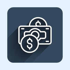 White line Stacks paper money cash icon isolated with long shadow background. Money banknotes stacks. Bill currency. Blue square button. Vector