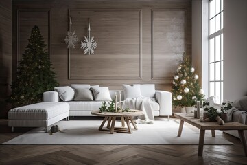 Christmas decor in the living room with a Scandinavian design. tree for Christmas wall with white sofa. Generative AI