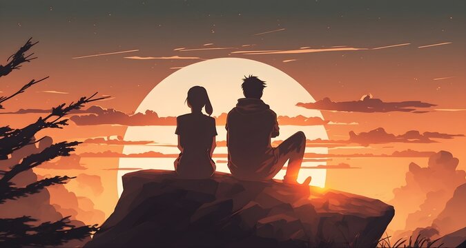 silhouette of a young couple sitting on a rock looking at the sunset, digital art style, illustration painting, Generative AI