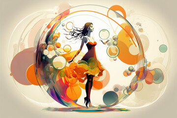 Woman dancing jazz in the bubble, cartoon colorful dynamic dancer, created with Generative AI