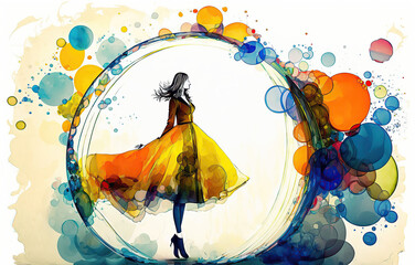 Woman dancing jazz in the bubble, cartoon colorful dynamic dancer, created with Generative AI