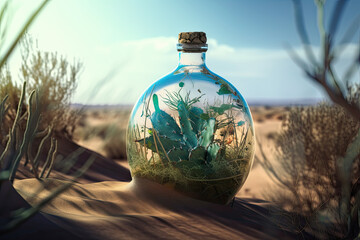biosphere with rich green plant vegetation inside of a closed glas bottle surrounded of a hot and dry desert. global warming and climate change concept. generative ai