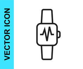 Black line Smart watch showing heart beat rate icon isolated on white background. Fitness App concept. Vector