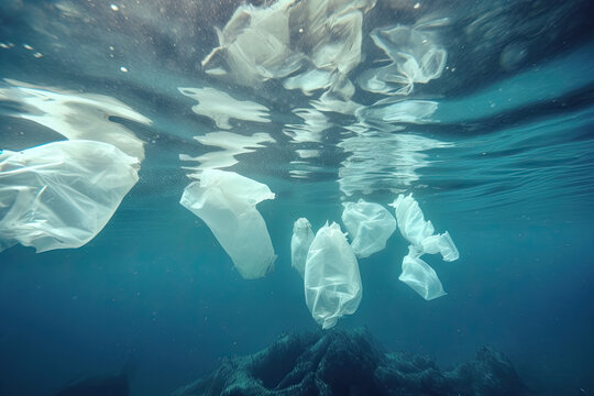 Plastic bags floating in the water. Pollution of the seas concept. generative ai
