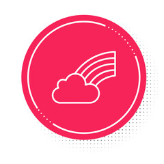 White line Rainbow with cloud icon isolated on white background. Happy Saint Patricks day. National Irish holiday. Red circle button. Vector