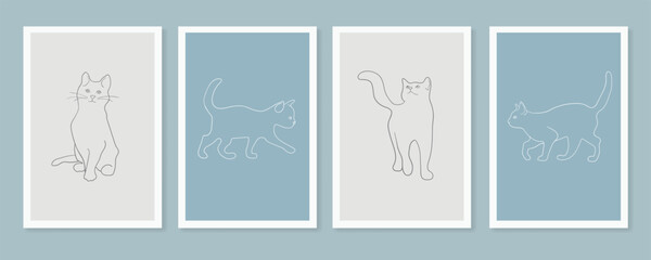 Outline cats on blue background in line art style. Animals vector illustration in minimalist style.
