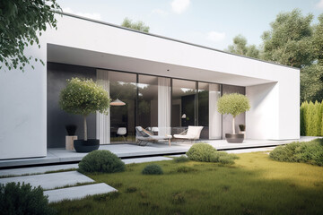Modern house with garden, exterior view. Generative ai and digital editing.