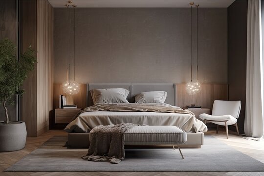 Master bed in a luxurious Scandinavian style bedroom with a gray carpeting underneath. a lateral view a mockup. Generative AI