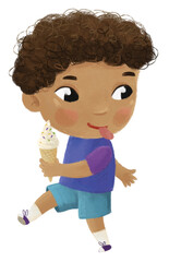 cartoon scene with boy eating tasty dessert ice cream illustration for kids