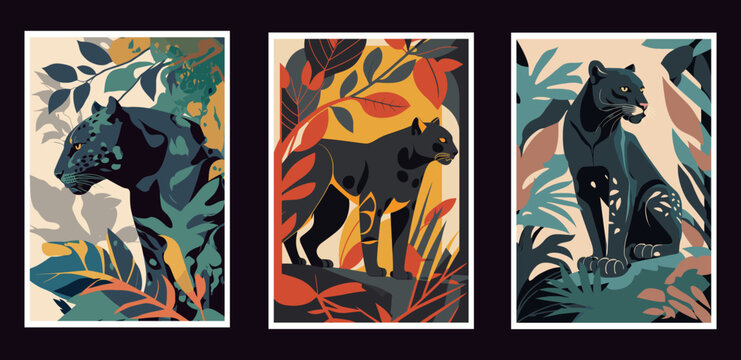 Set of vector posters with wild animals silhouettes, exotic plants and leaves