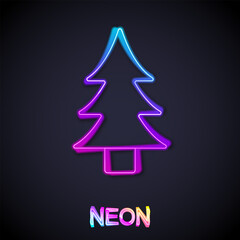 Fototapeta premium Glowing neon line Tree icon isolated on black background. Forest symbol. Vector