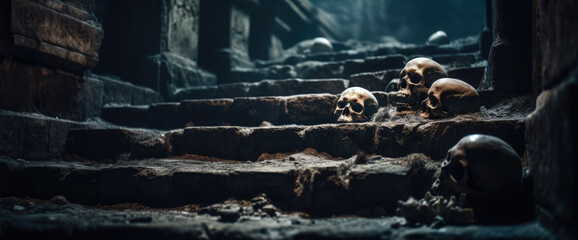 Skeletal army of the undead king littered on castle stone steps, broken and shattered skulls, scary macabre scene of death and decay - generative AI - obrazy, fototapety, plakaty