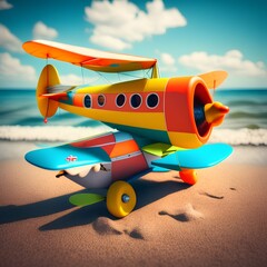 Vintage toy airplane on the beach travel concept - generative ai