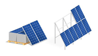 Ground metal structure for solar panels. Solar panels on a pallet. Modern alternative eco-green, renewable energy.