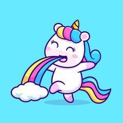 Obraz na płótnie Canvas Cute Unicorn Puging Rainbow Cartoon Vector Icon Illustration. Animal Nature Icon Concept Isolated Premium Vector. Flat Cartoon Style