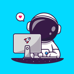 Cute Astronaut Working With Computer Cartoon Vector Icon Illustration. Science Technology Icon Concept Isolated Premium Vector. Flat Cartoon Style © catalyststuff