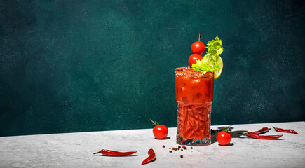 Bloody Mary classic alcoholic cocktail drink with tomato juice, vodka, lemon, celery, hot sauce and...