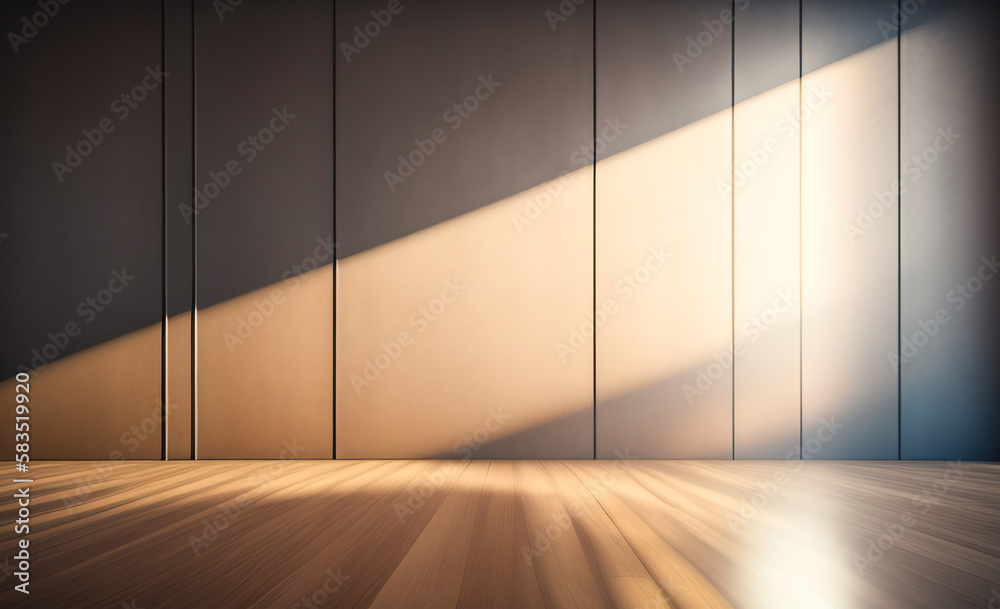 Poster light brown empty wall with decorative paneling and wood flooring with interesting light reflections