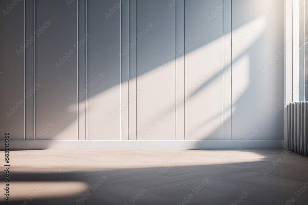Poster light gray wall with decorative panels and wood flooring with interesting light reflections. backgro