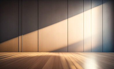 Obraz na płótnie Canvas Light brown empty wall with decorative paneling and wood flooring with interesting light reflections. Background for the presentation.