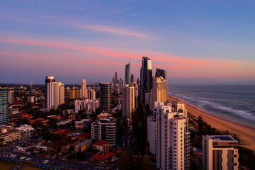 Aerial sunrise view of Surfers Paradise skyline. Gold Coast Australia.
